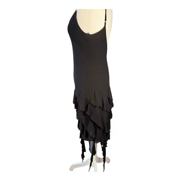 VTG Ruffle Asymmetrical Handkerchief Black Midi Dress Silky Fairy Whimsigoth Y2K - Picture 7 of 14